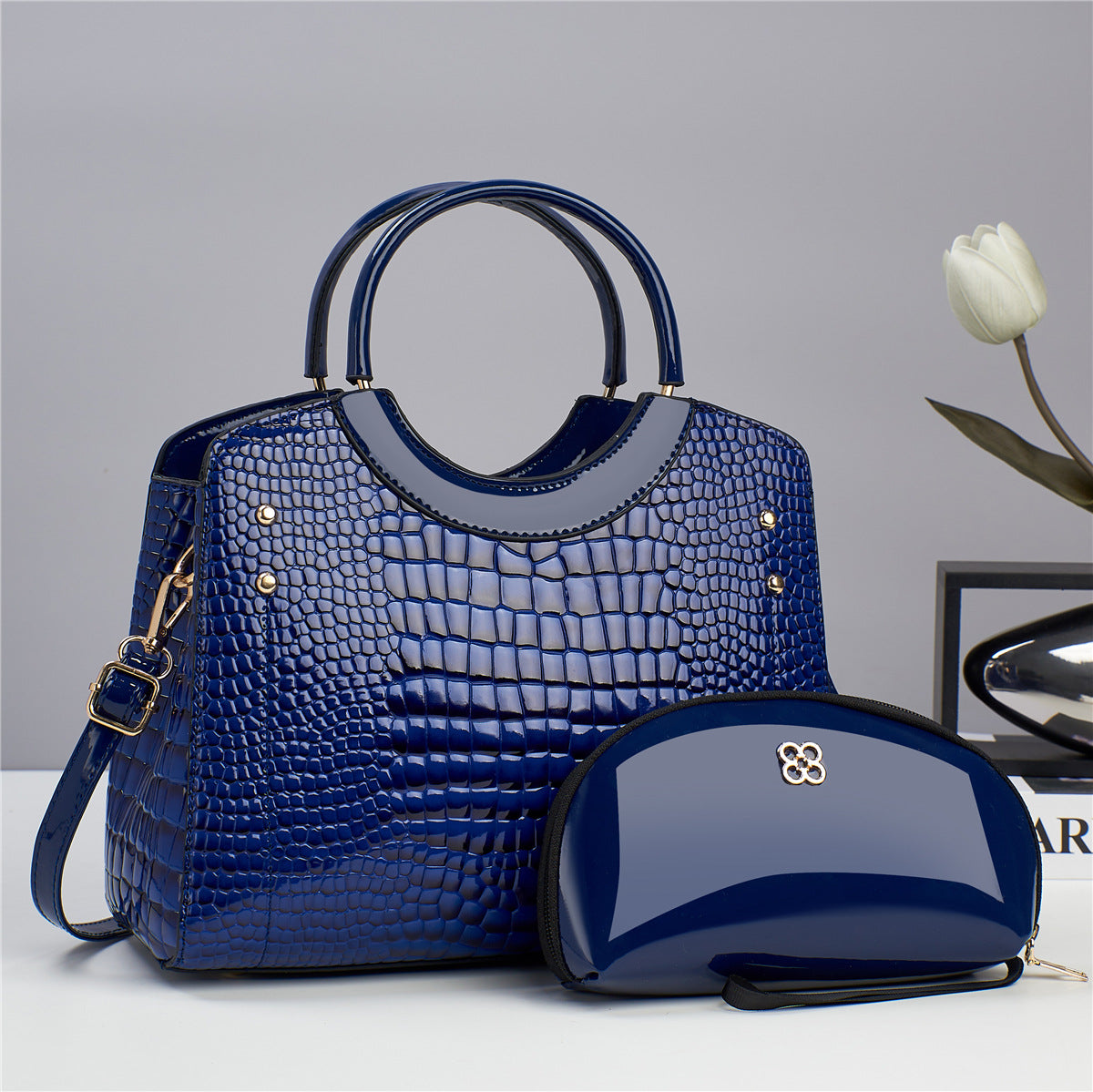 Glossy Crocodile Pattern Handbag With Round Handle And Bonus Pouch
