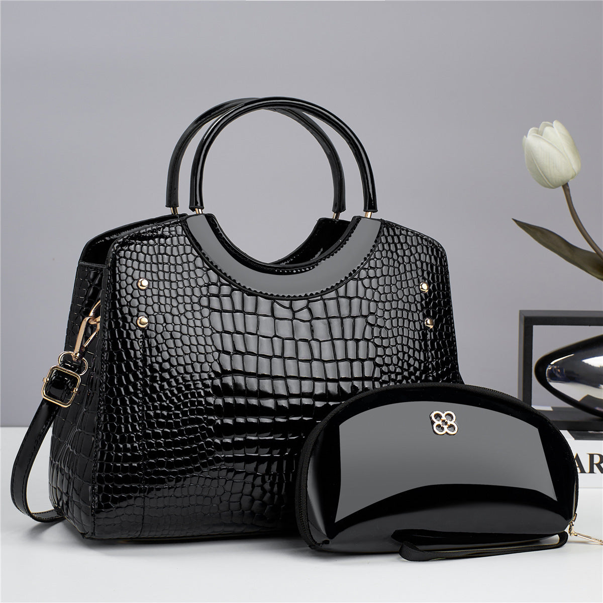 Glossy Crocodile Pattern Handbag With Round Handle And Bonus Pouch