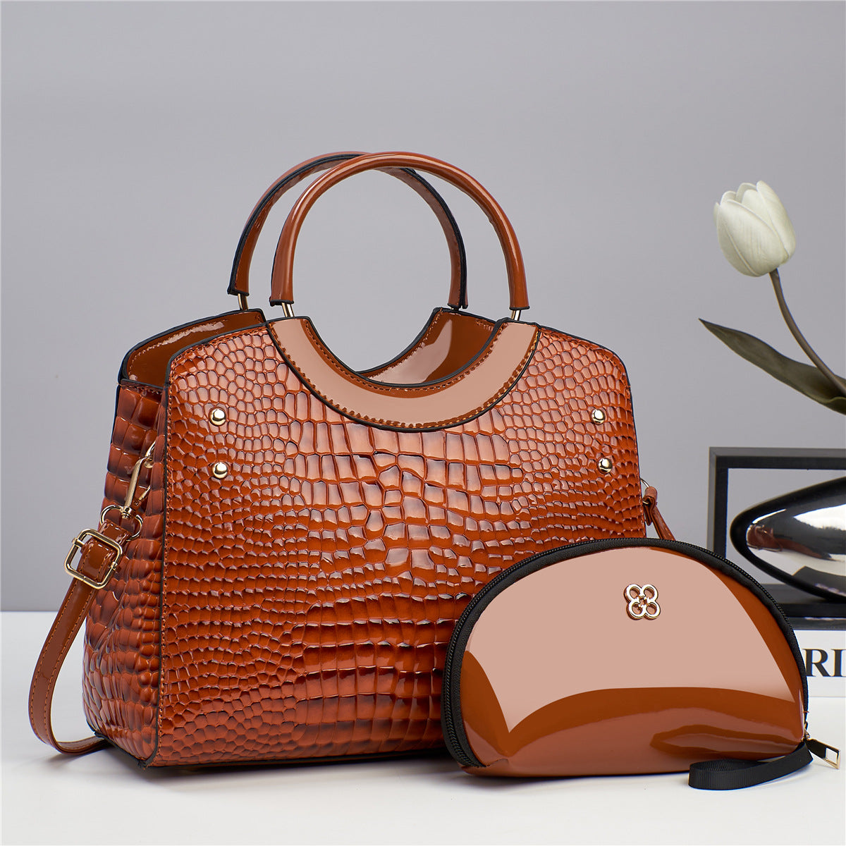 Glossy Crocodile Pattern Handbag With Round Handle And Bonus Pouch
