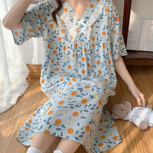 Floral Lace-Trim Cotton Nightdress