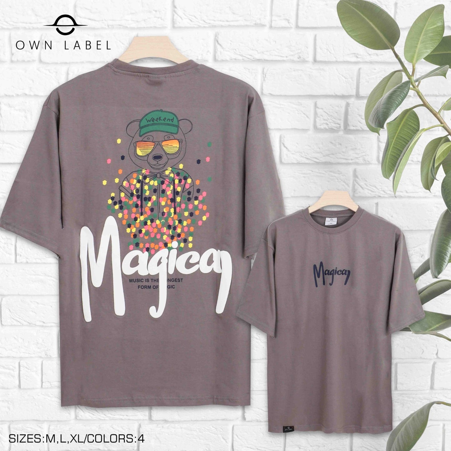 Graphic Bear Print Oversized T-Shirt With “Magical” Quote Design