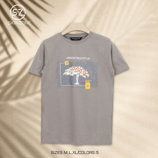 Grey Graphic Tee With Artistic Tree Design And Irresistible Style Quote