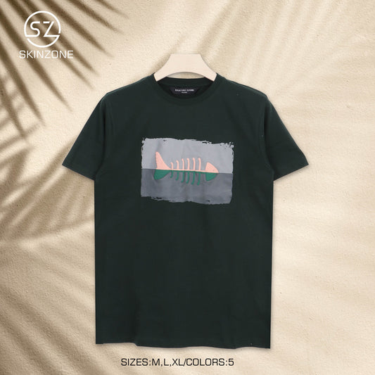 Dark Green Tee With Abstract Fishbone Graphic For A Minimal Artistic Look