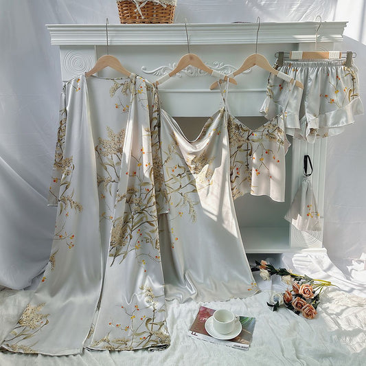 5-Piece Satin Floral Nightwear Set – Robe, Cami, Shorts, Slip & Pouch