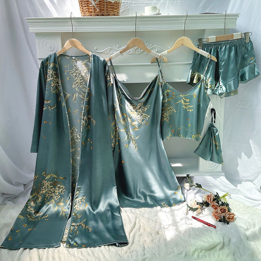 5-Piece Satin Floral Nightwear Set – Robe, Cami, Shorts, Slip & Pouch