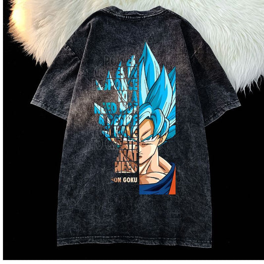 Washed Black Goku Tee With Bold Anime Print And Motivational Quote 260GSM