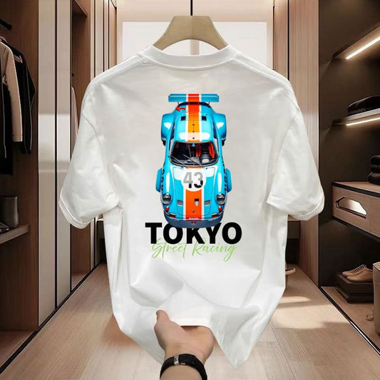 White Racing Cotton Tee With Blue Sports Car Graphic And Tokyo Street Racing Print 260GSM