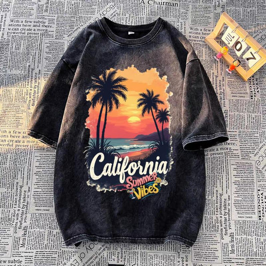 Washed Black Tee With California Sunset Beach Graphic And Summer Vibes Text 260GSM