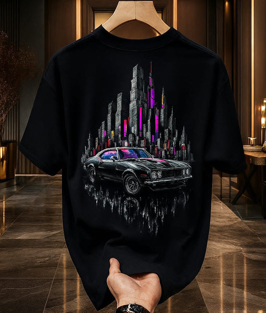 Black Oversized Tee With Vintage Muscle Car And Neon Cityscape Graphic 260GSM