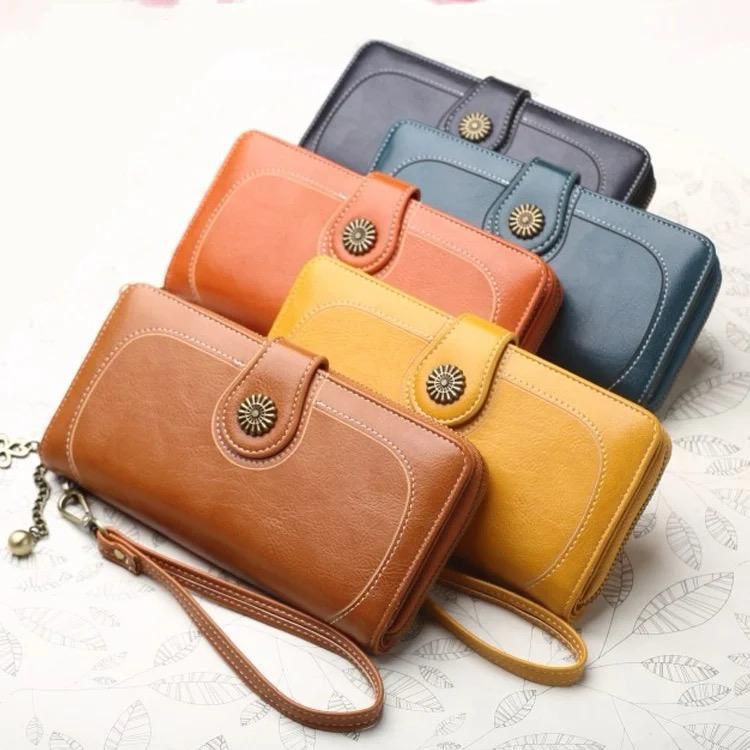 Vintage Style PU Leather Wallet Clutch – Zippered with Wrist Strap & Charm Details