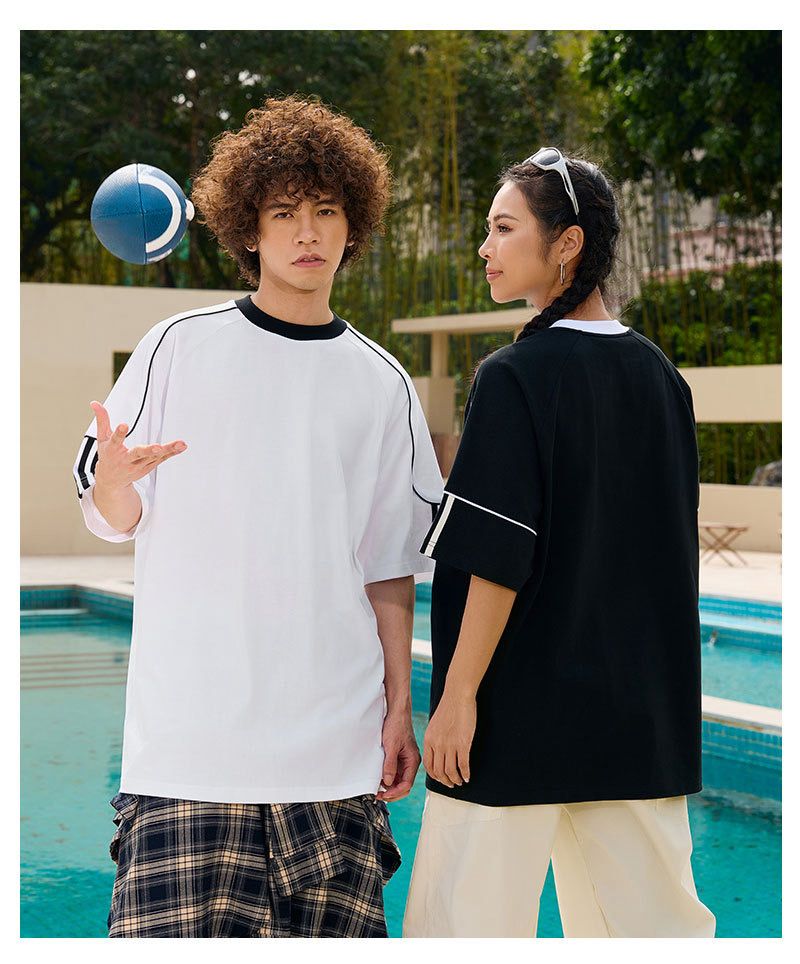 Cotton Athletic Tee With Stripe Detail On Sleeves 260GSM